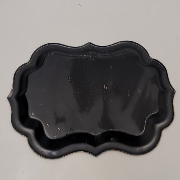 Vintage Toleware Lot Metal Tray Wastebasket Trinket Handpainted Garden Flowers - Picture 6 of 7